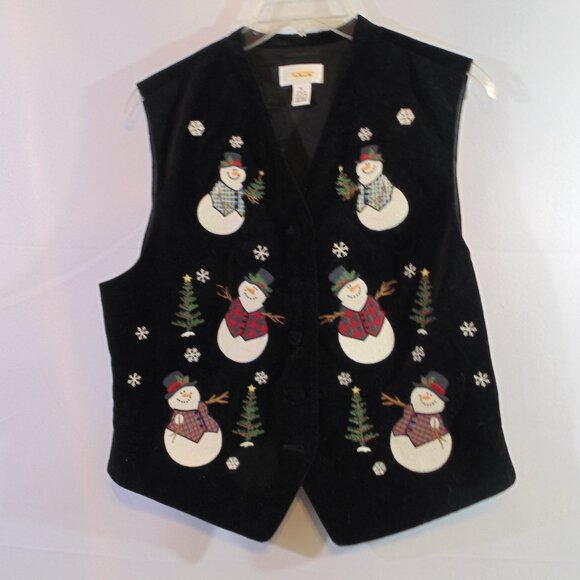 Talbots Women's Medium Christmas Embroidered Snowman Black Vest Velvet - Picture 1 of 4